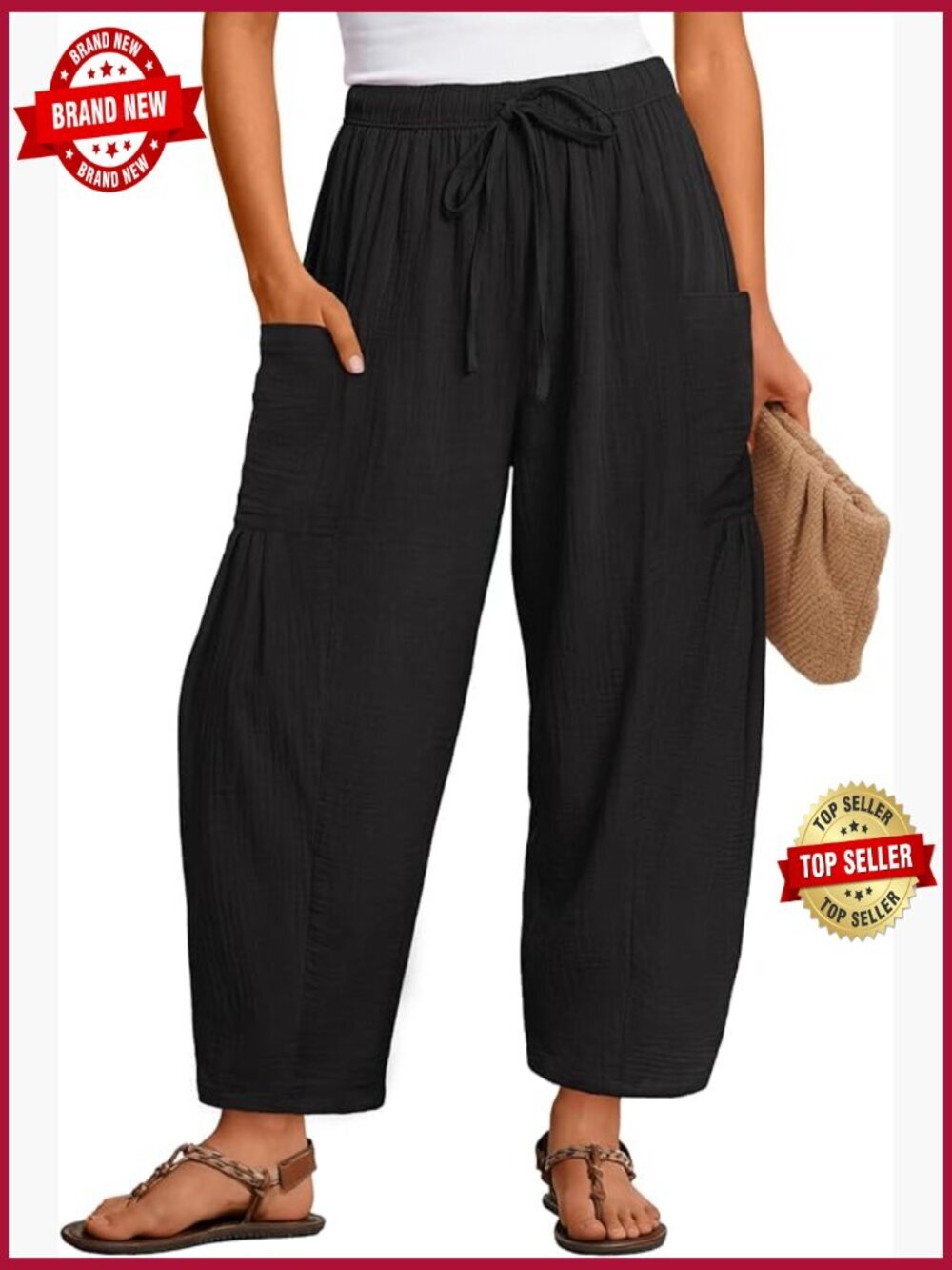 Linen Wide Leg Baggy Palazzo Barrel Pants with Pockets Summer Casual